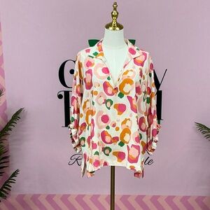 Abstract Print V-Neck Blouse in Pink & Orange